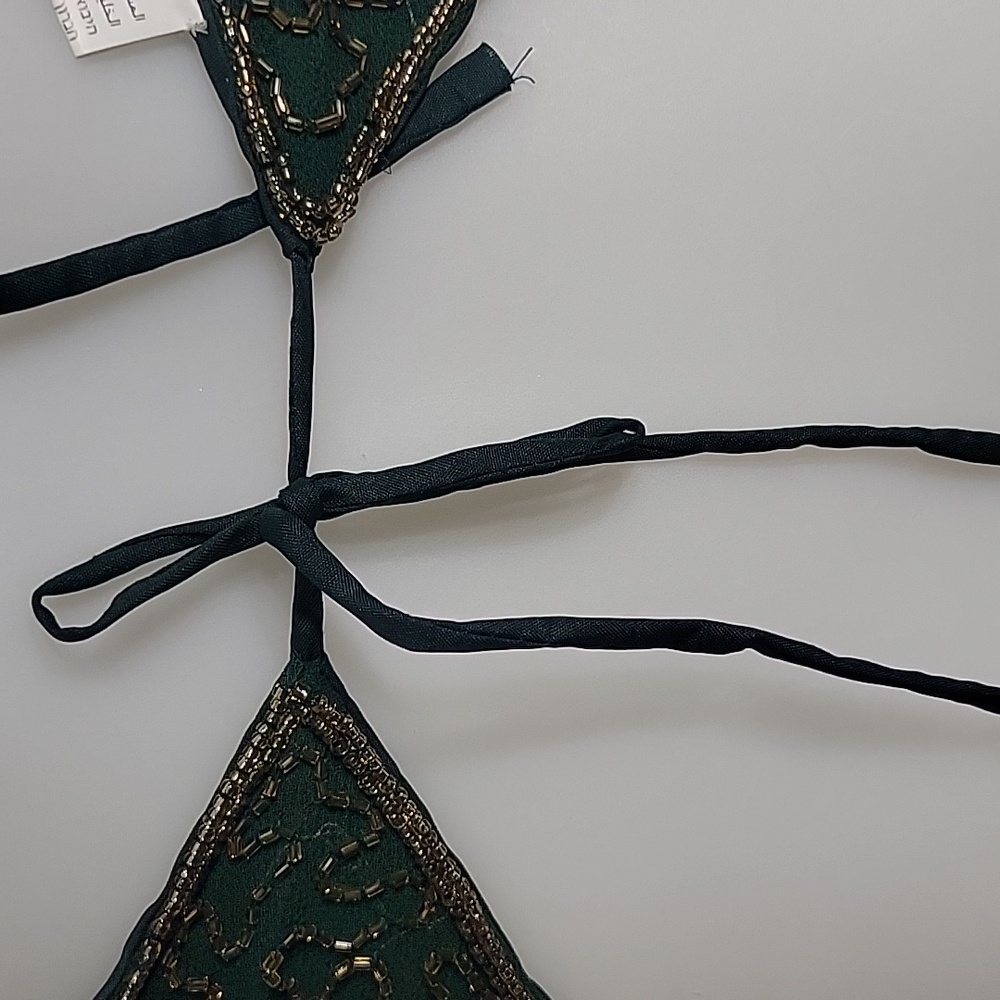 Gypsy Green and Gold Beaded Butterfly Halter 3 Tie Women's Top Size Small - Picture 9 of 11
